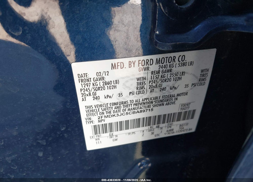 2012 FORD EDGE SEL VIN: 2FMDK3JC5CBA89715
