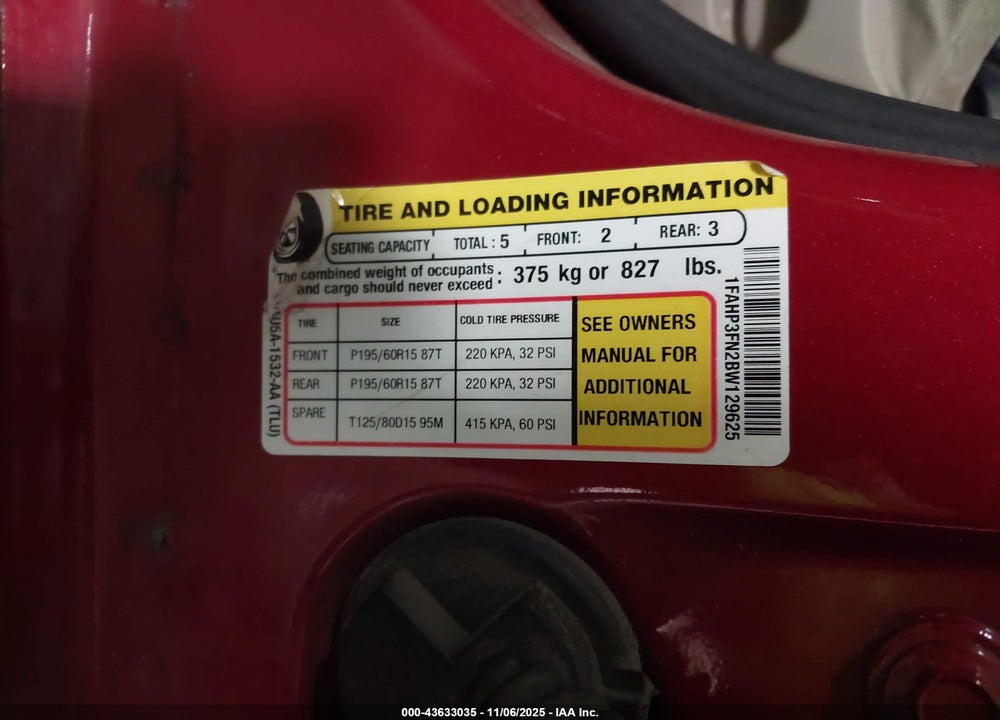 2011 FORD FOCUS SE VIN: 1FAHP3FN2BW129625