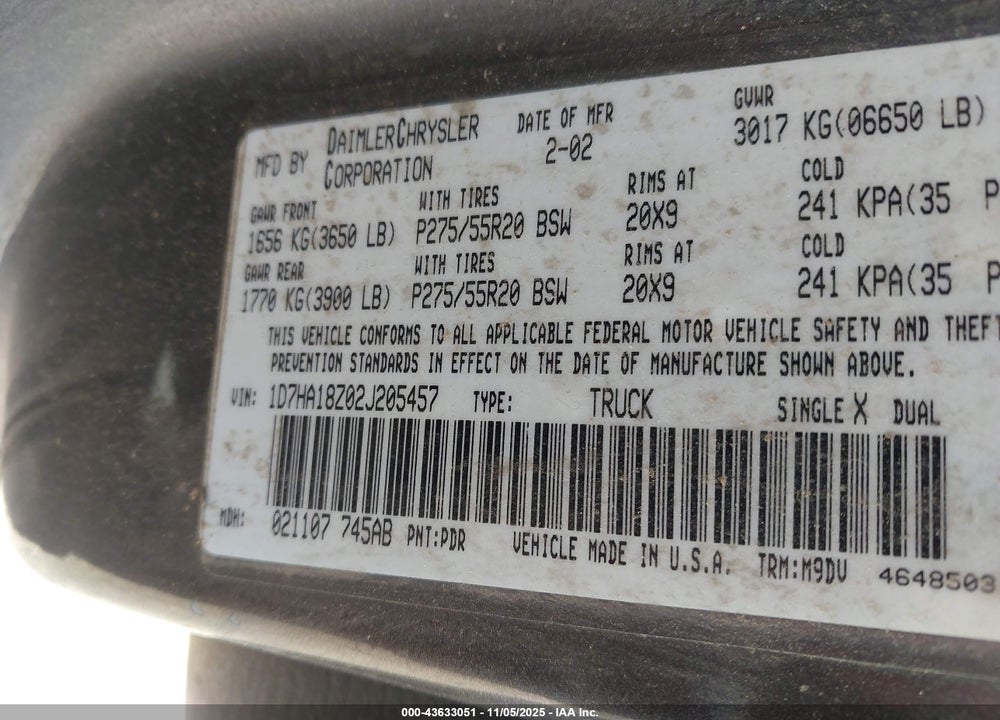 2002 DODGE RAM 1500 ST VIN: 1D7HA18Z02J205457