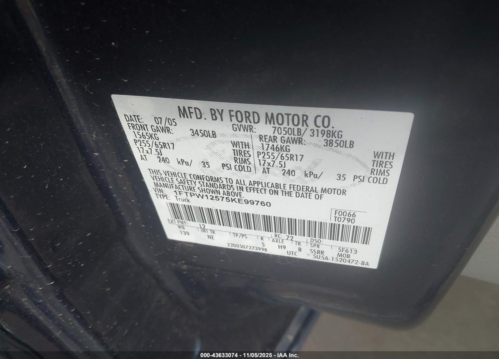 2005 FORD F-150 LARIAT/XLT VIN: 1FTPW12575KE99760