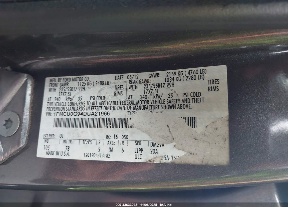 2013 FORD ESCAPE VIN: 1FMCU0G94DUA21966
