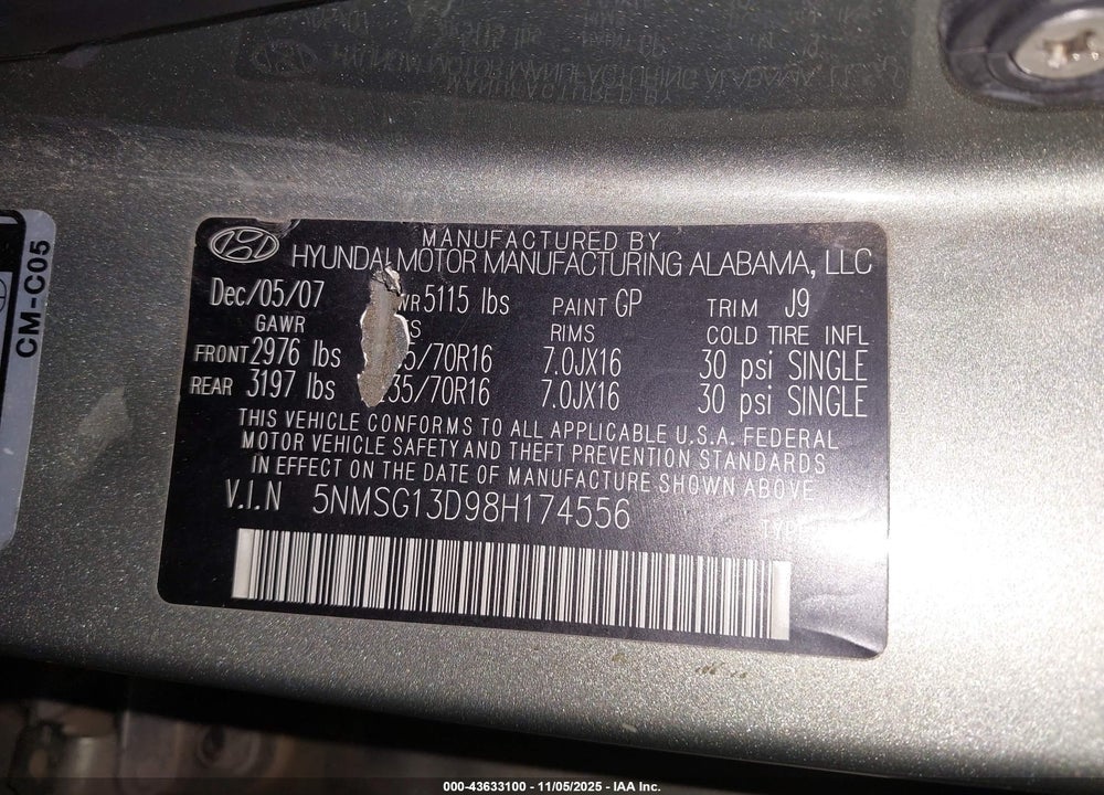 2008 HYUNDAI SANTA FE GLS VIN: 5NMSG13D98H174556