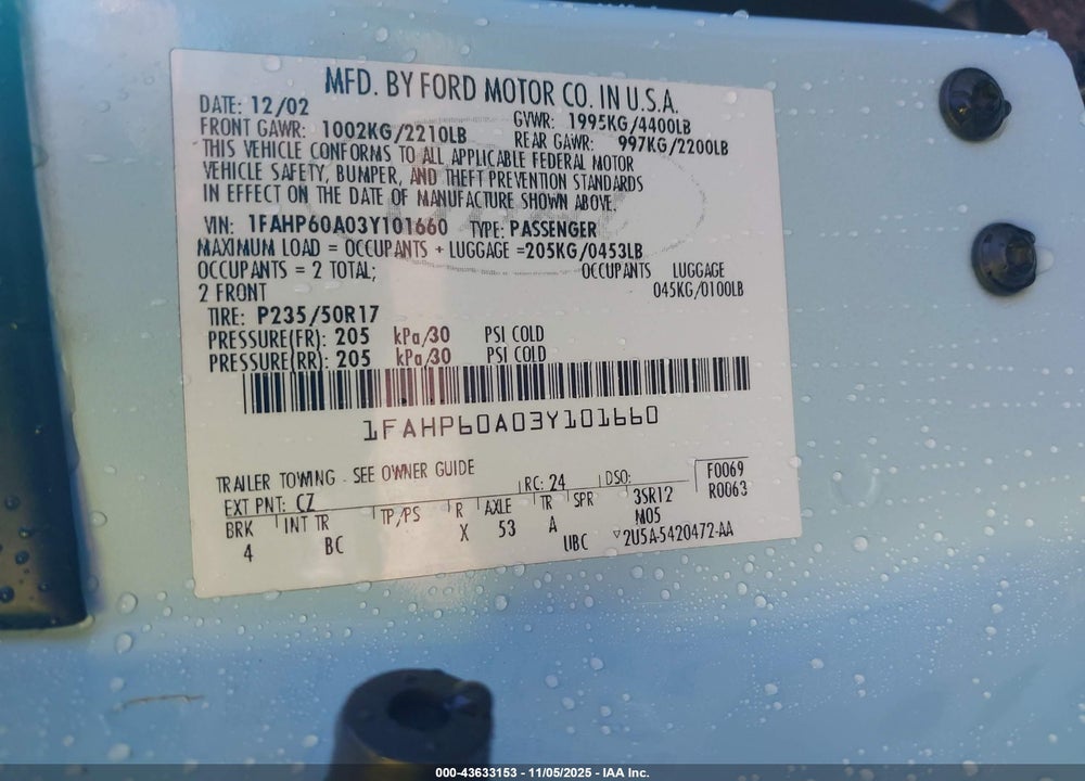 2003 FORD THUNDERBIRD VIN: 1FAHP60A03Y101660
