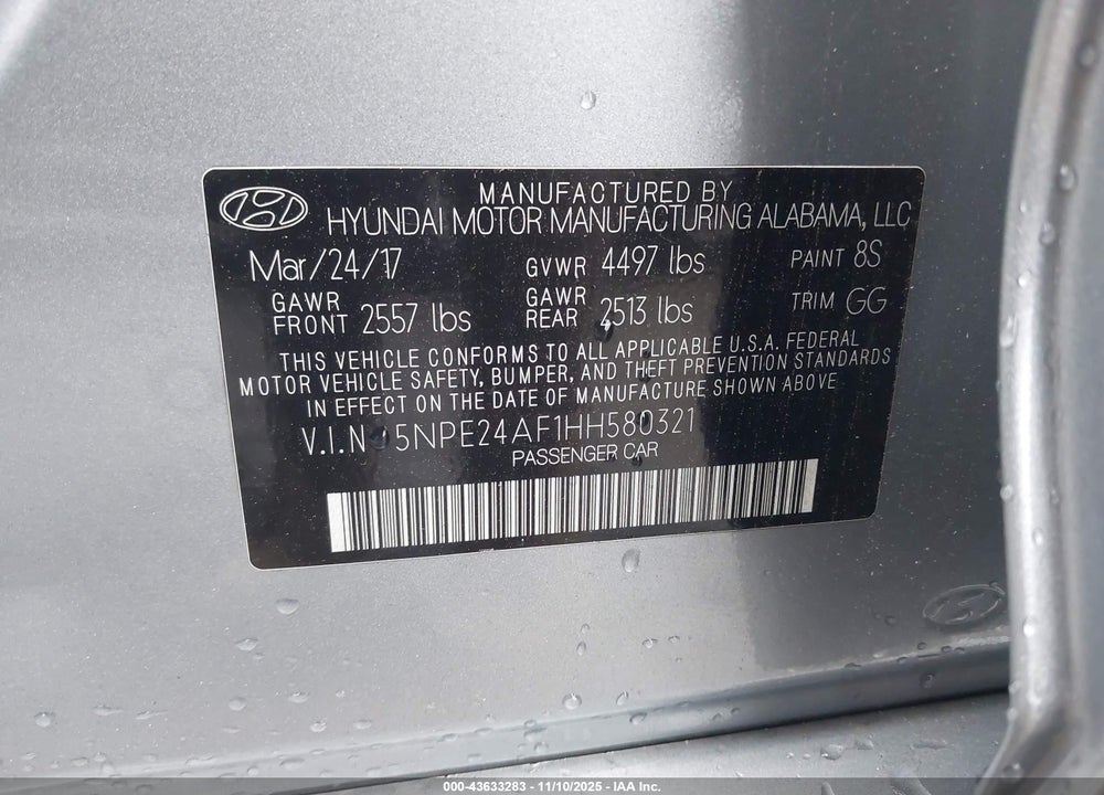 2017 HYUNDAI SONATA VIN: 5NPE24AF1HH580321