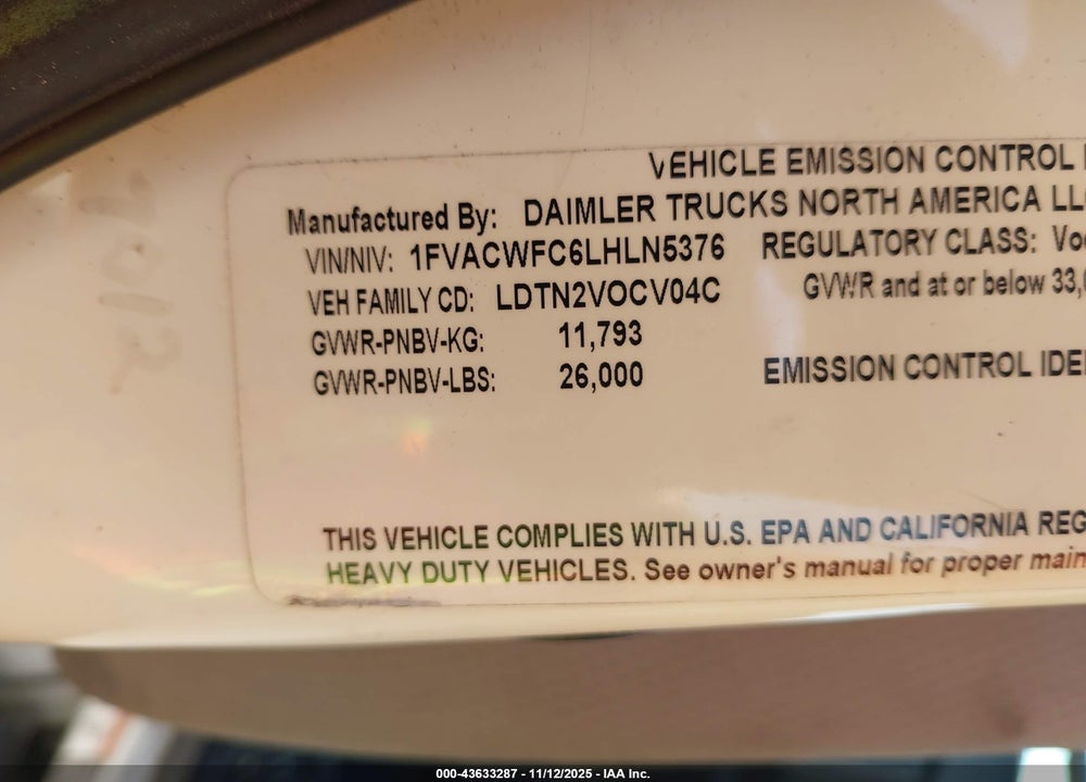 2020 FREIGHTLINER M2 106 VIN: 1FVACWFC6LHLN5376