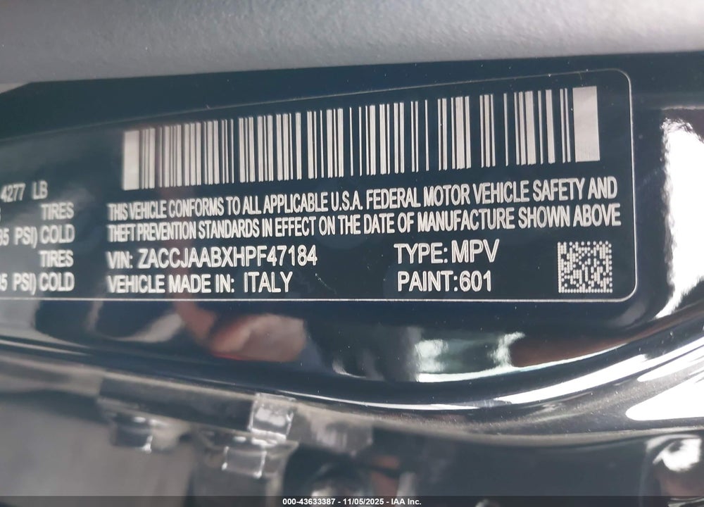 2017 JEEP RENEGADE SPORT FWD VIN: ZACCJAABXHPF47184