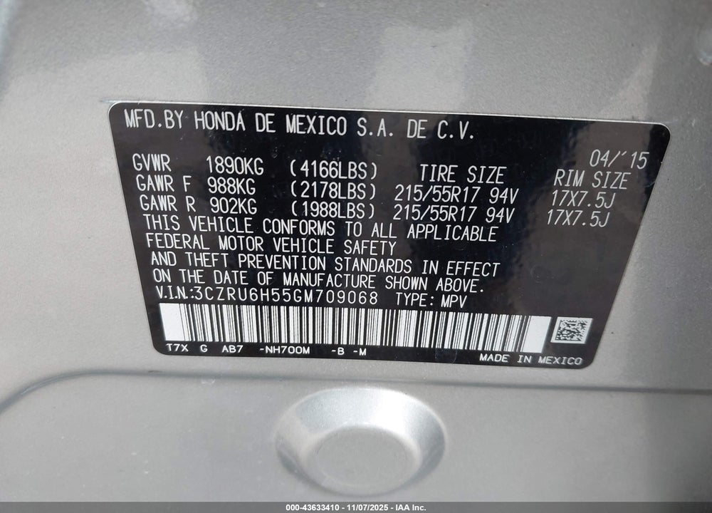 2016 HONDA HR-V EX VIN: 3CZRU6H55GM709068