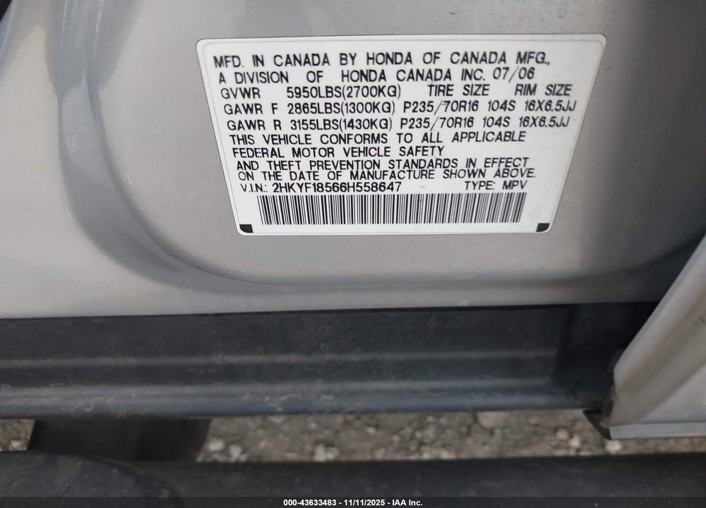 2006 HONDA PILOT EX-L VIN: 2HKYF18566H558647
