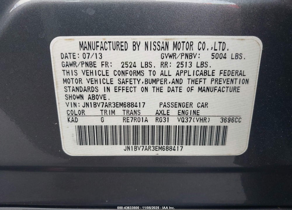 2014 INFINITI Q50 SPORT VIN: JN1BV7AR3EM688417