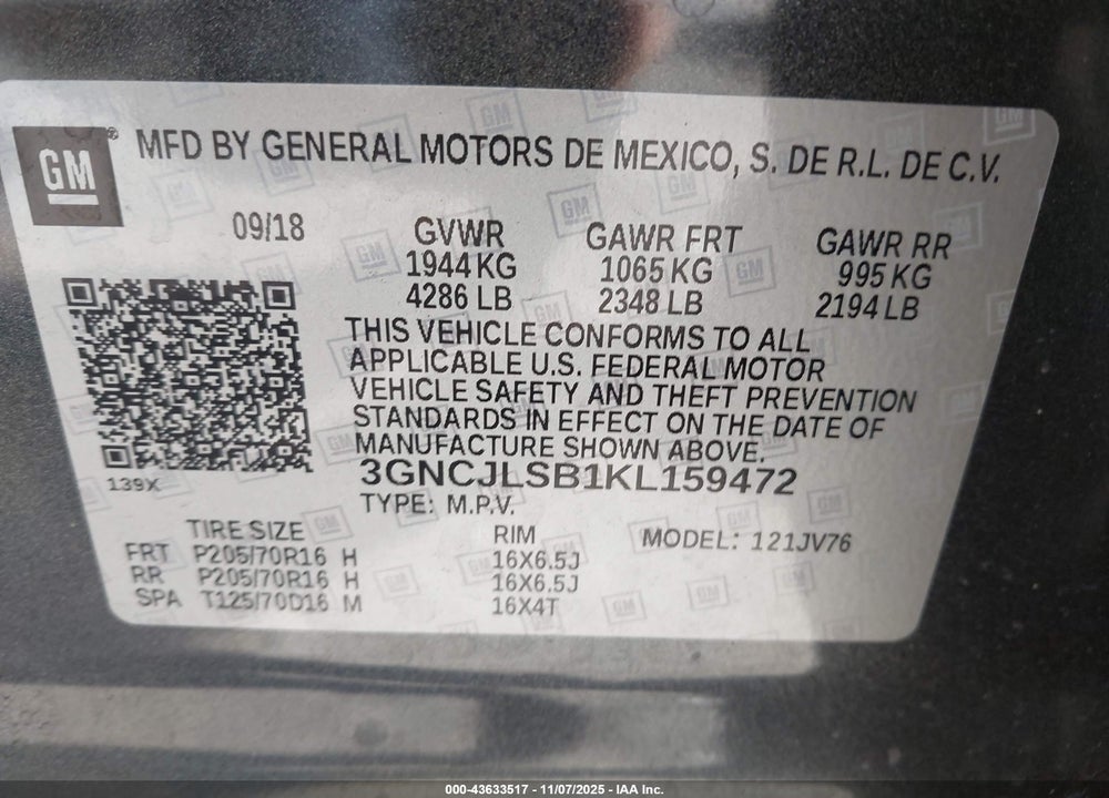 2019 CHEVROLET TRAX LT VIN: 3GNCJLSB1KL159472