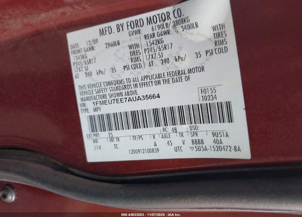 2010 FORD EXPLORER VIN: 1FMEU7EE7AUA35664