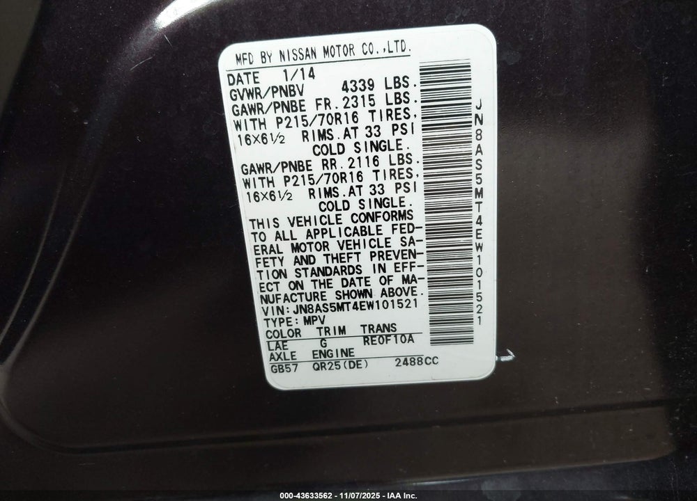 2014 NISSAN ROGUE SELECT S VIN: JN8AS5MT4EW101521