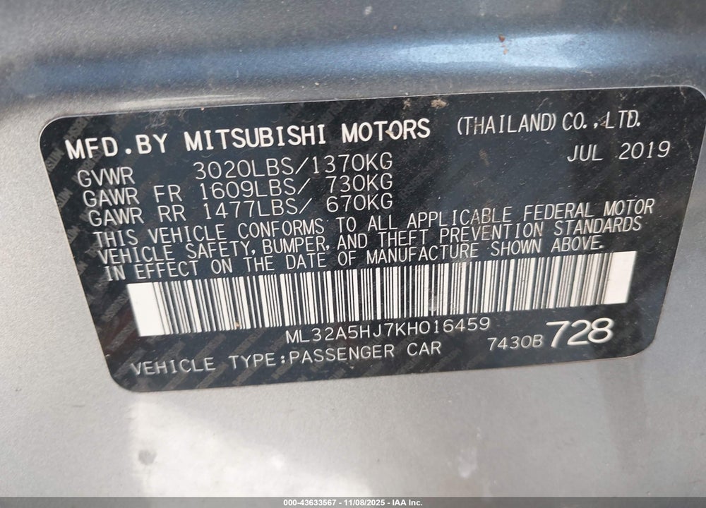 2019 MITSUBISHI MIRAGE LE VIN: ML32A5HJ7KH016459