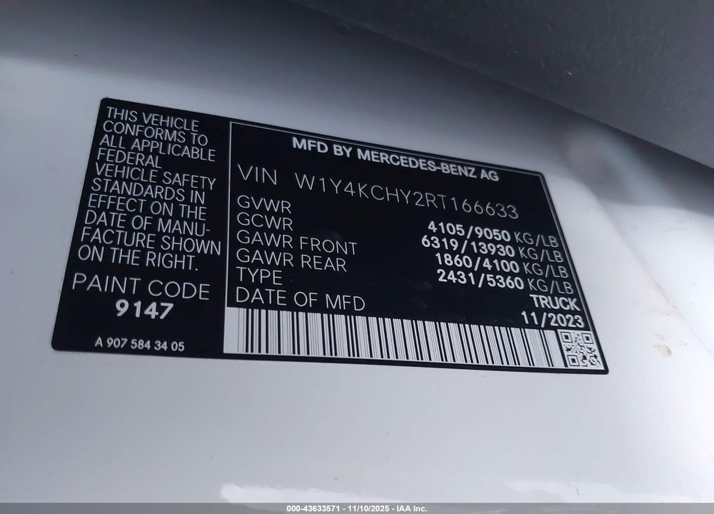 2024 MERCEDES-BENZ SPRINTER 2500 HIGH ROOF 4-CYL DIESEL VIN: W1Y4KCHY2RT166633