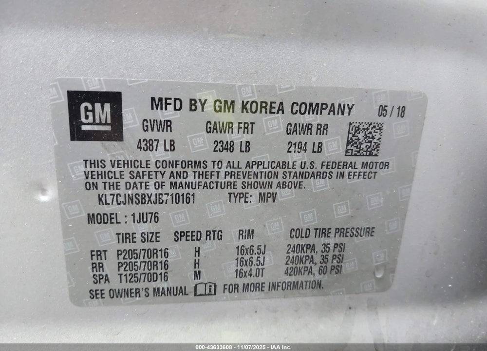 2018 CHEVROLET TRAX LS VIN: KL7CJNSBXJB710161