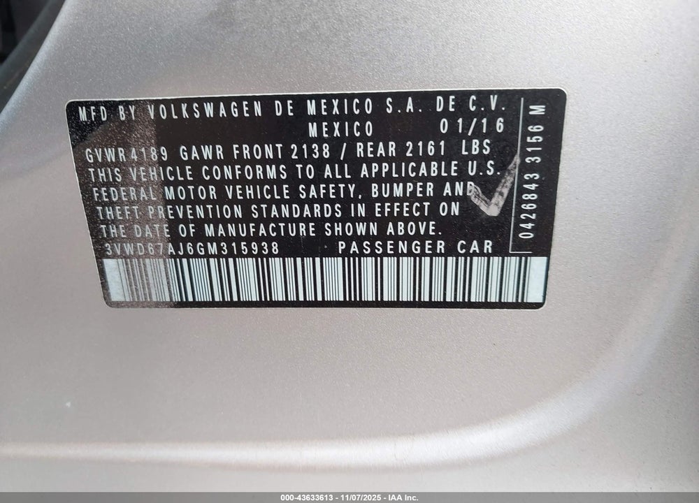 2016 VOLKSWAGEN JETTA 1.4T SE VIN: 3VWD67AJ6GM315938