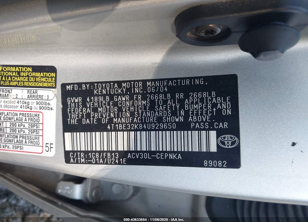 2004 TOYOTA CAMRY LE VIN: 4T1BE32K84U929650