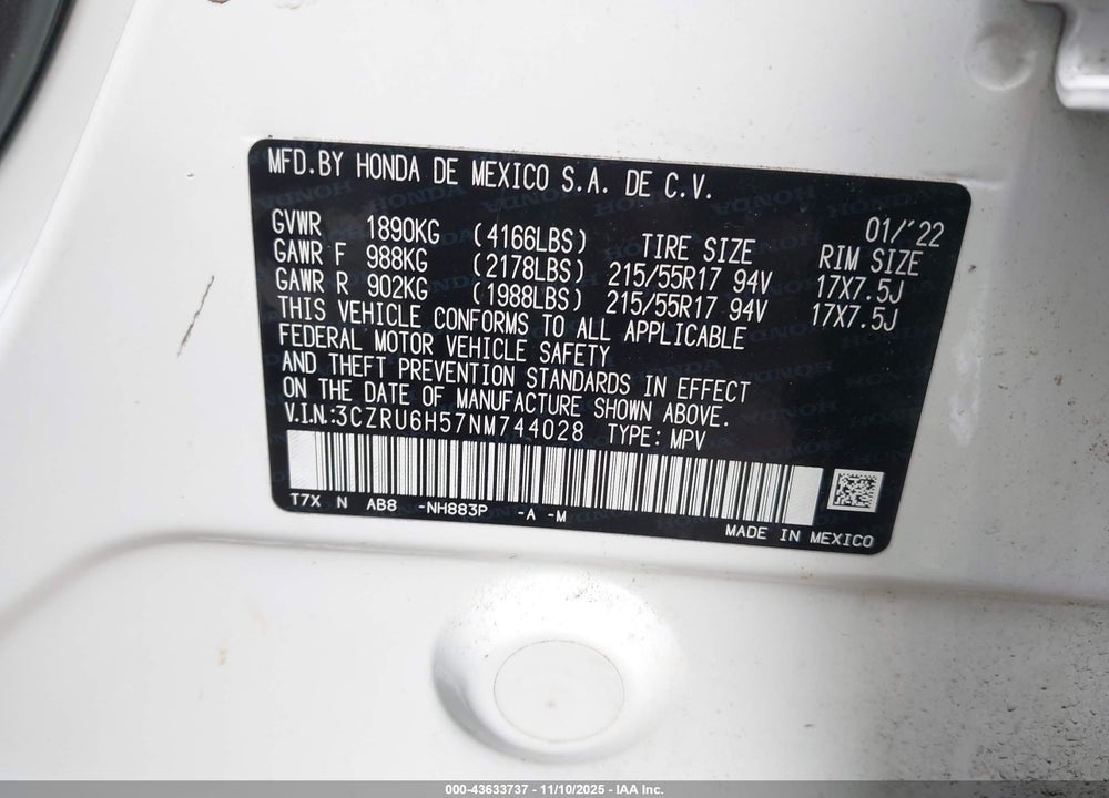 2022 HONDA HR-V VIN: 3CZRU6H57NM744028