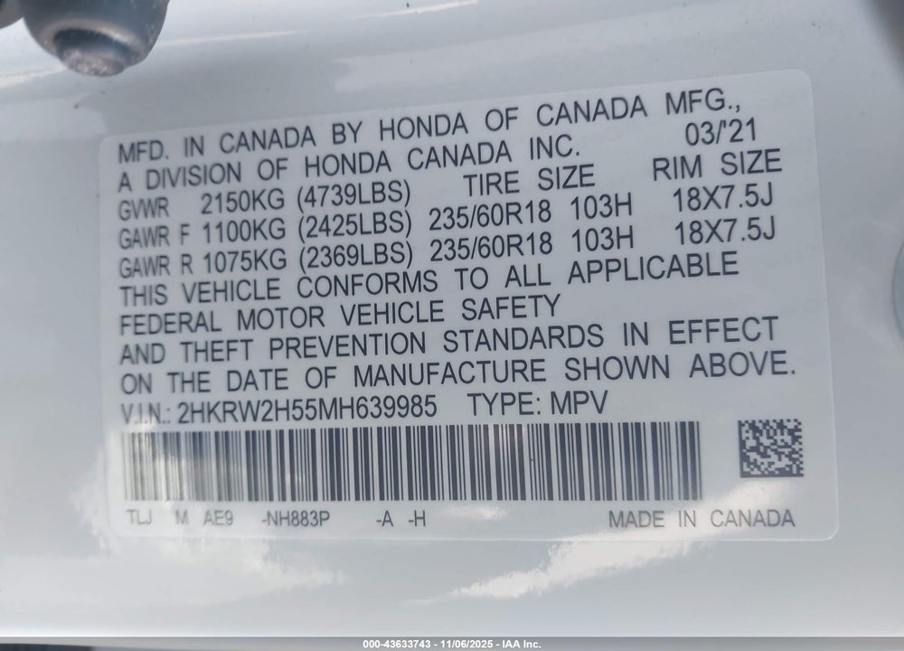 2021 HONDA CR-V AWD EX VIN: 2HKRW2H55MH639985