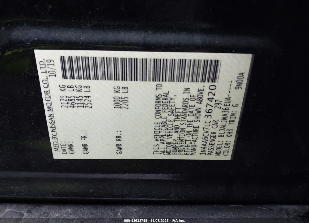 2020 NISSAN MAXIMA VIN: 1N4AA6CV7LC367420