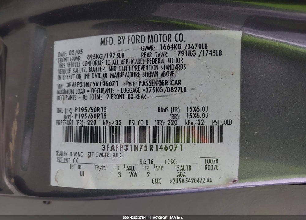 2005 FORD FOCUS ZX3 VIN: 3FAFP31N75R146071