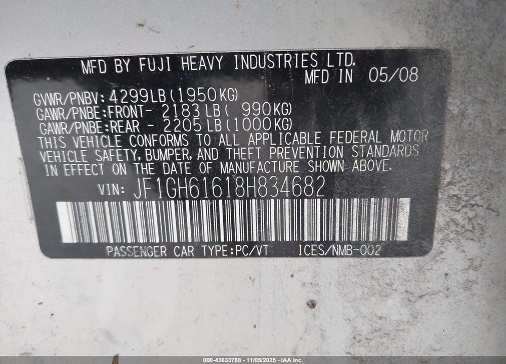 2008 SUBARU IMPREZA 2.5I VIN: JF1GH61618H834682