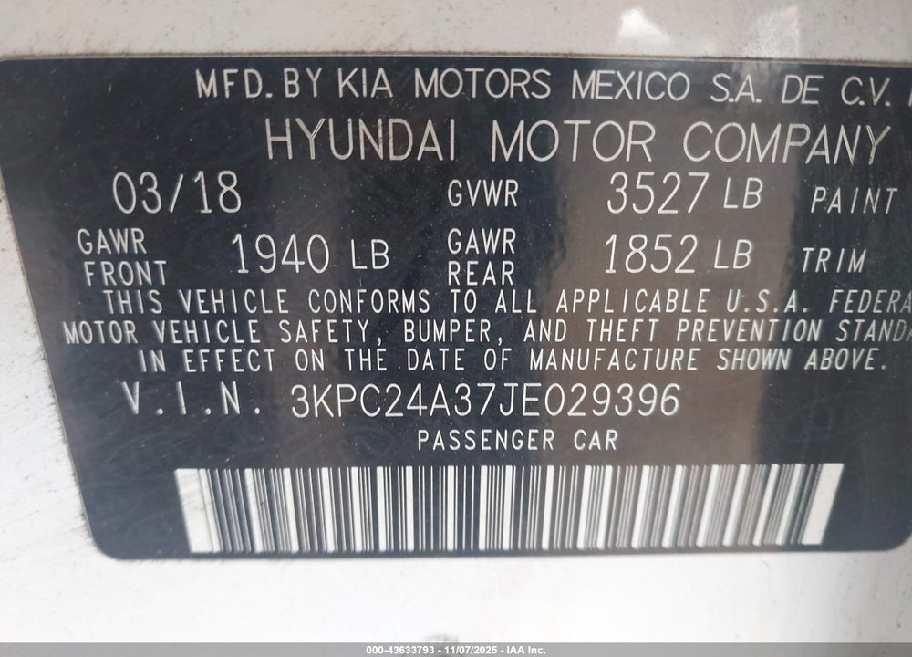 2018 HYUNDAI ACCENT VIN: 3KPC24A37JE029396
