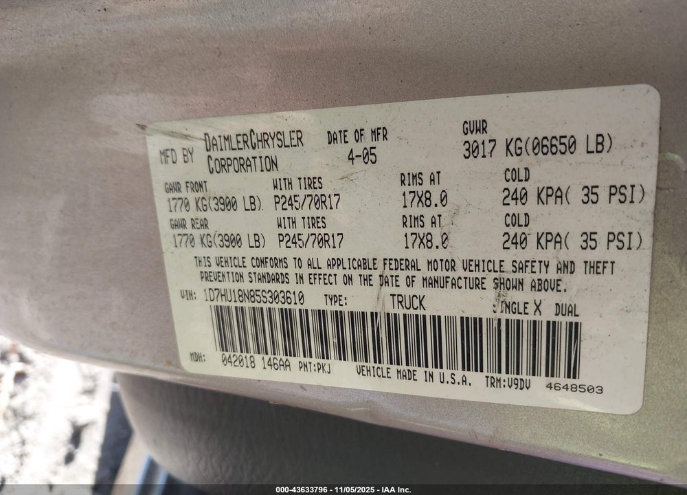 2005 DODGE RAM 1500 SLT/LARAMIE VIN: 1D7HU18N85S303610