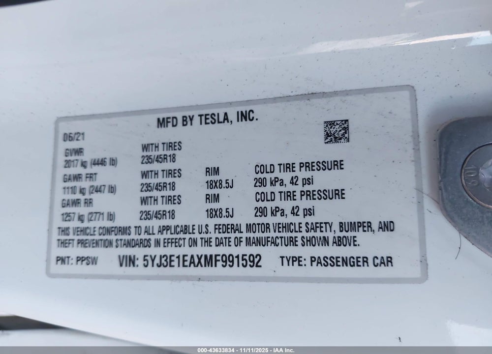 2021 TESLA MODEL 3 STANDARD RANGE PLUS REAR-WHEEL DRIVE VIN: 5YJ3E1EAXMF991592
