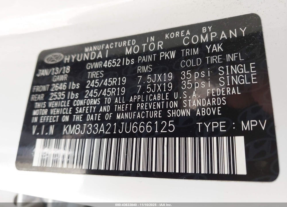 2018 HYUNDAI TUCSON LIMITED VIN: KM8J33A21JU666125