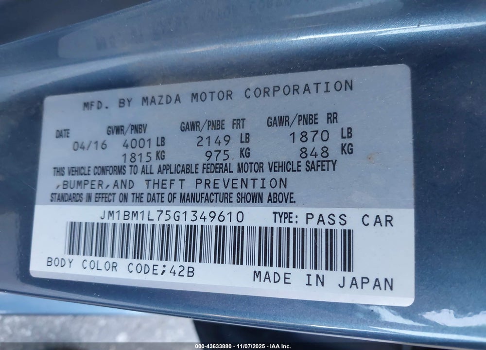 2016 MAZDA 3 I TOURING VIN: JM1BM1L75G1349610