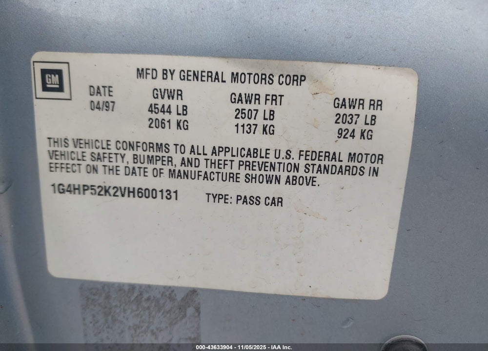 1997 BUICK LESABRE CUSTOM CMI VIN: 1G4HP52K2VH600131