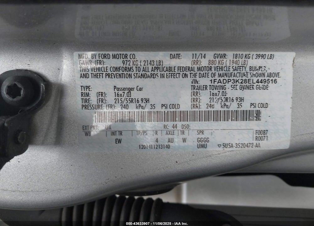 2014 FORD FOCUS SE VIN: 1FADP3K28EL449516