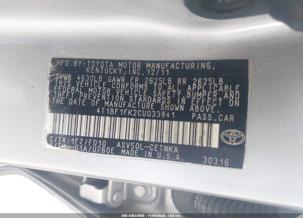 2012 TOYOTA CAMRY LE VIN: 4T1BF1FK2CU033841