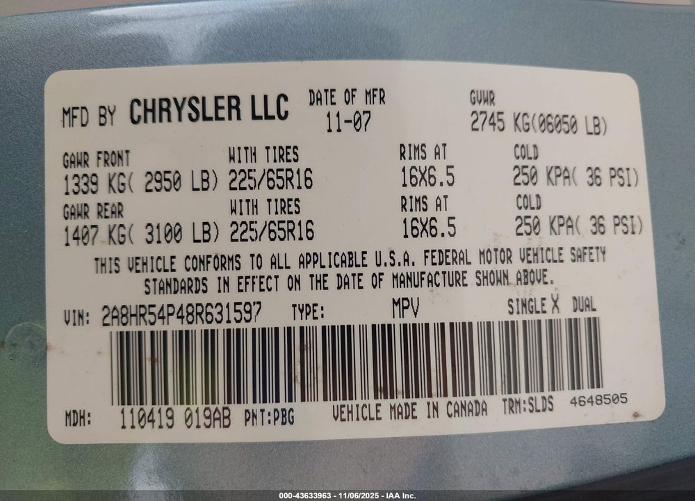 2008 CHRYSLER TOWN & COUNTRY TOURING VIN: 2A8HR54P48R631597