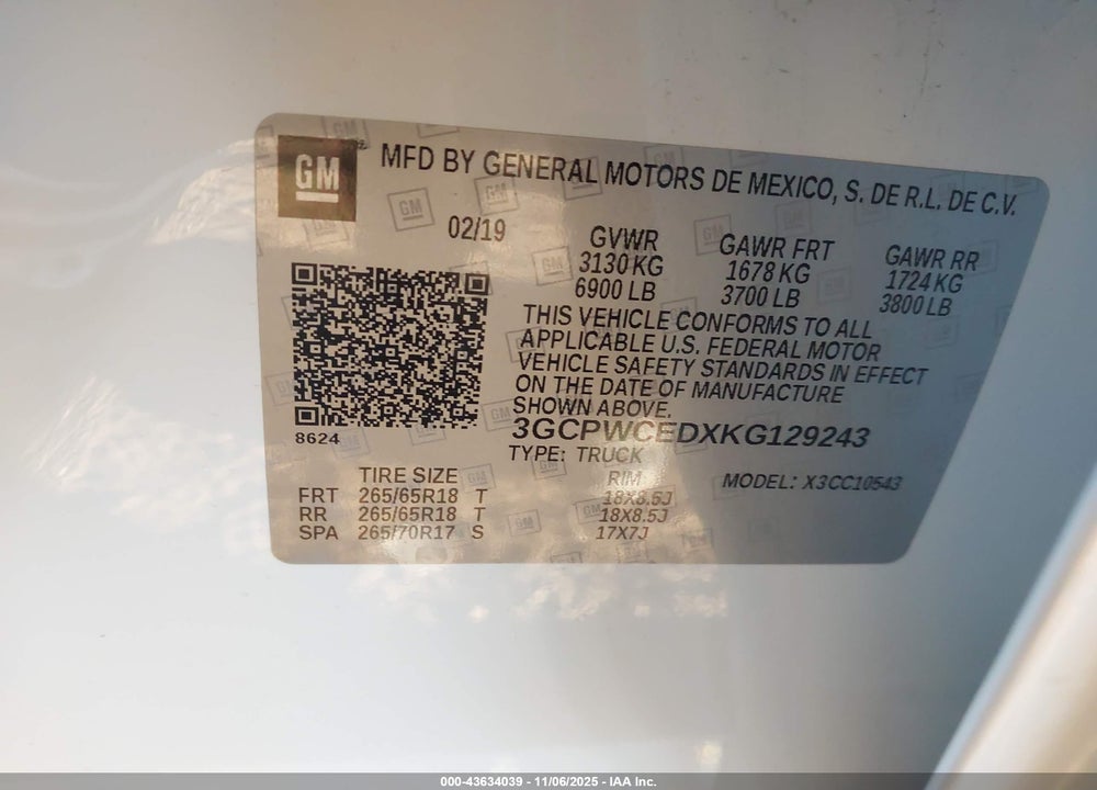 2019 CHEVROLET SILVERADO 1500 LT VIN: 3GCPWCEDXKG129243