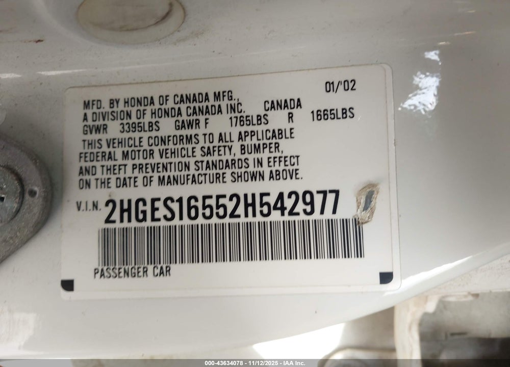 2002 HONDA CIVIC LX VIN: 2HGES16552H542977