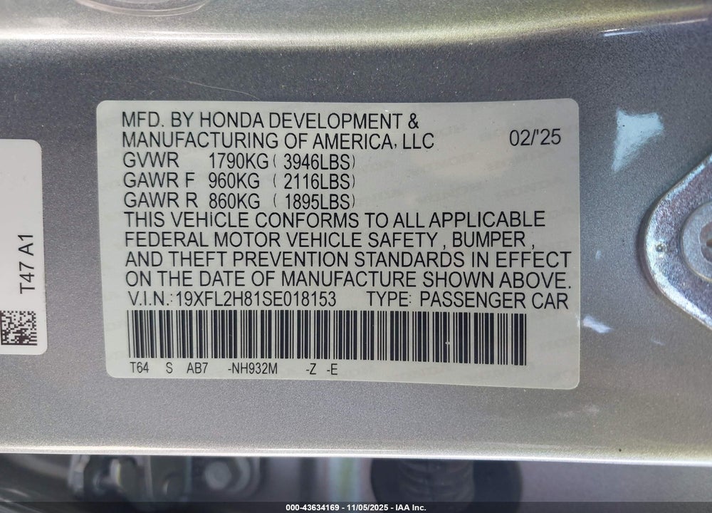 2025 HONDA CIVIC SEDAN SPORT VIN: 19XFL2H81SE018153