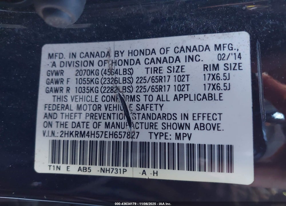 2014 HONDA CR-V EX VIN: 2HKRM4H57EH657827