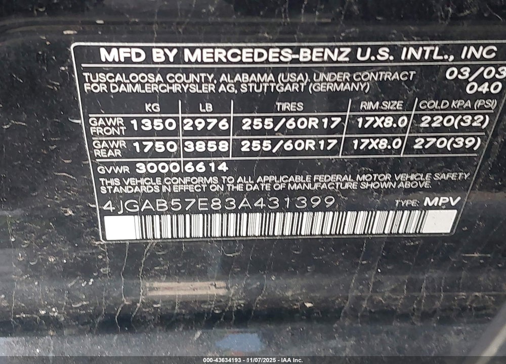 2003 MERCEDES-BENZ ML 350 VIN: 4JGAB57E83A431399