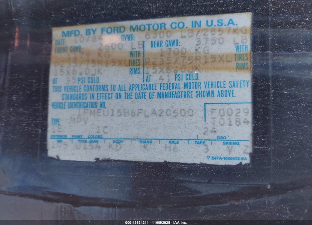 1985 FORD BRONCO U100 VIN: 1FMEU15H6FLA20500