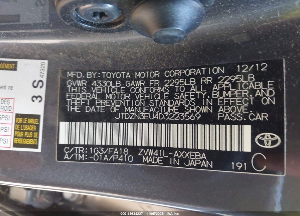 2013 TOYOTA PRIUS V THREE VIN: JTDZN3EU4D3223569