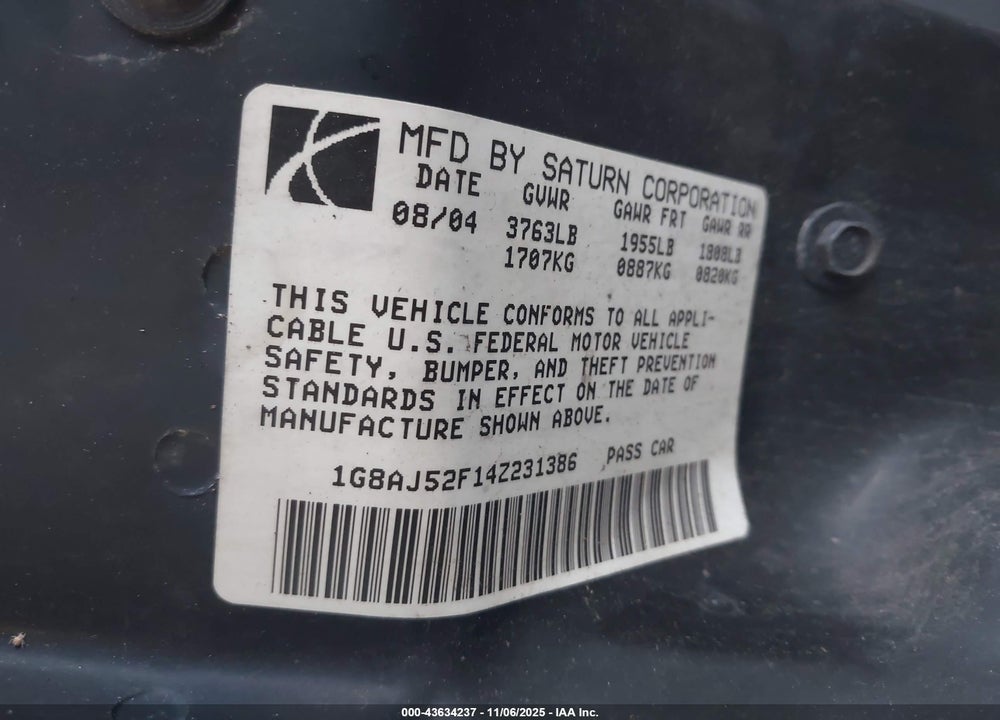 2004 SATURN ION 2 VIN: 1G8AJ52F14Z231386