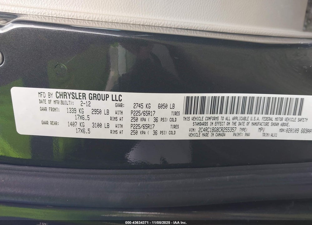 2012 CHRYSLER TOWN & COUNTRY TOURING VIN: 2C4RC1BG8CR255357