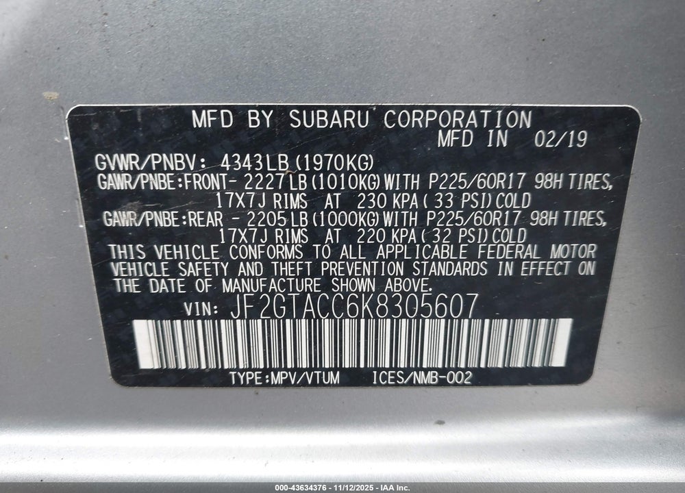 2019 SUBARU CROSSTREK VIN: JF2GTACC6K8305607