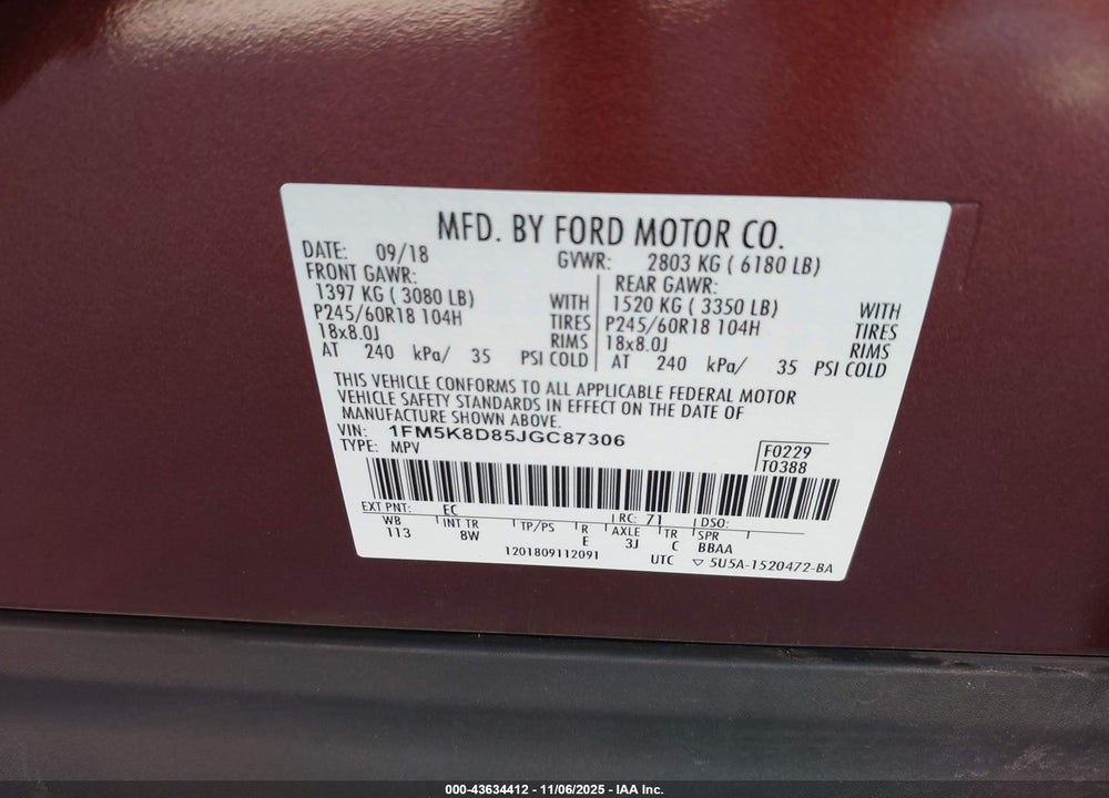 2018 FORD EXPLORER XLT VIN: 1FM5K8D85JGC87306