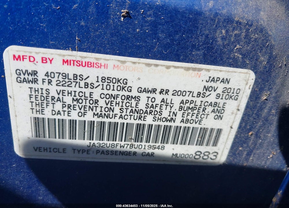 2011 MITSUBISHI LANCER GTS VIN: JA32U8FW7BU019548