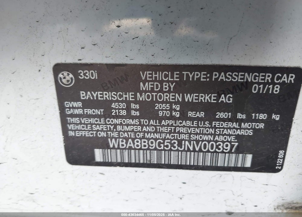 2018 BMW 330I VIN: WBA8B9G53JNV00397