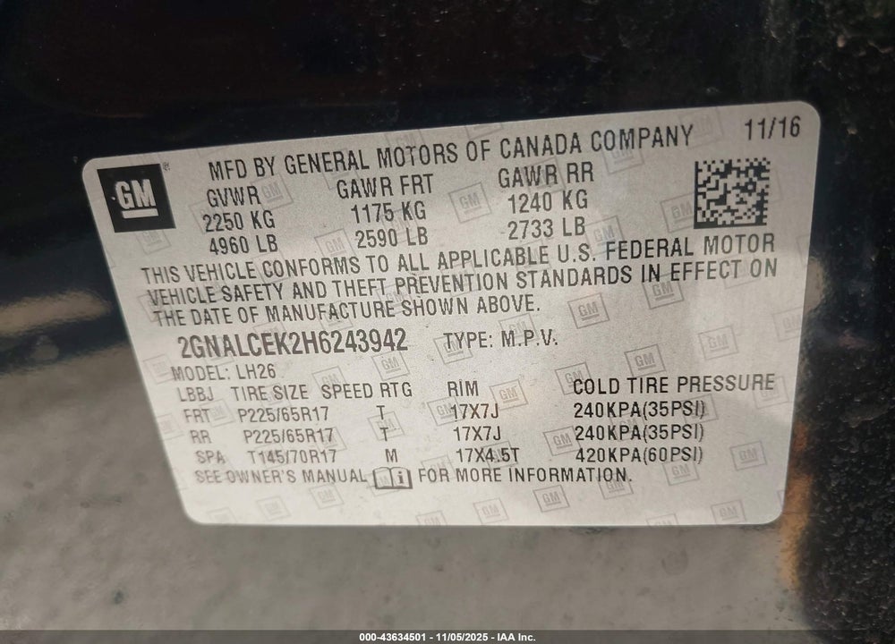 2017 CHEVROLET EQUINOX LT VIN: 2GNALCEK2H6243942