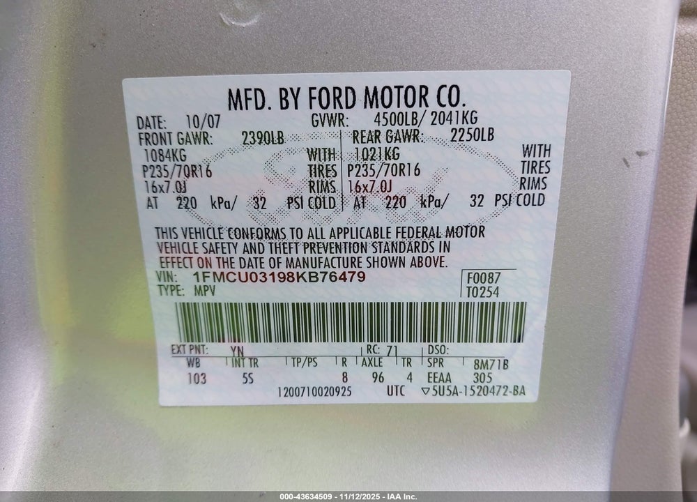 2008 FORD ESCAPE XLT VIN: 1FMCU03198KB76479